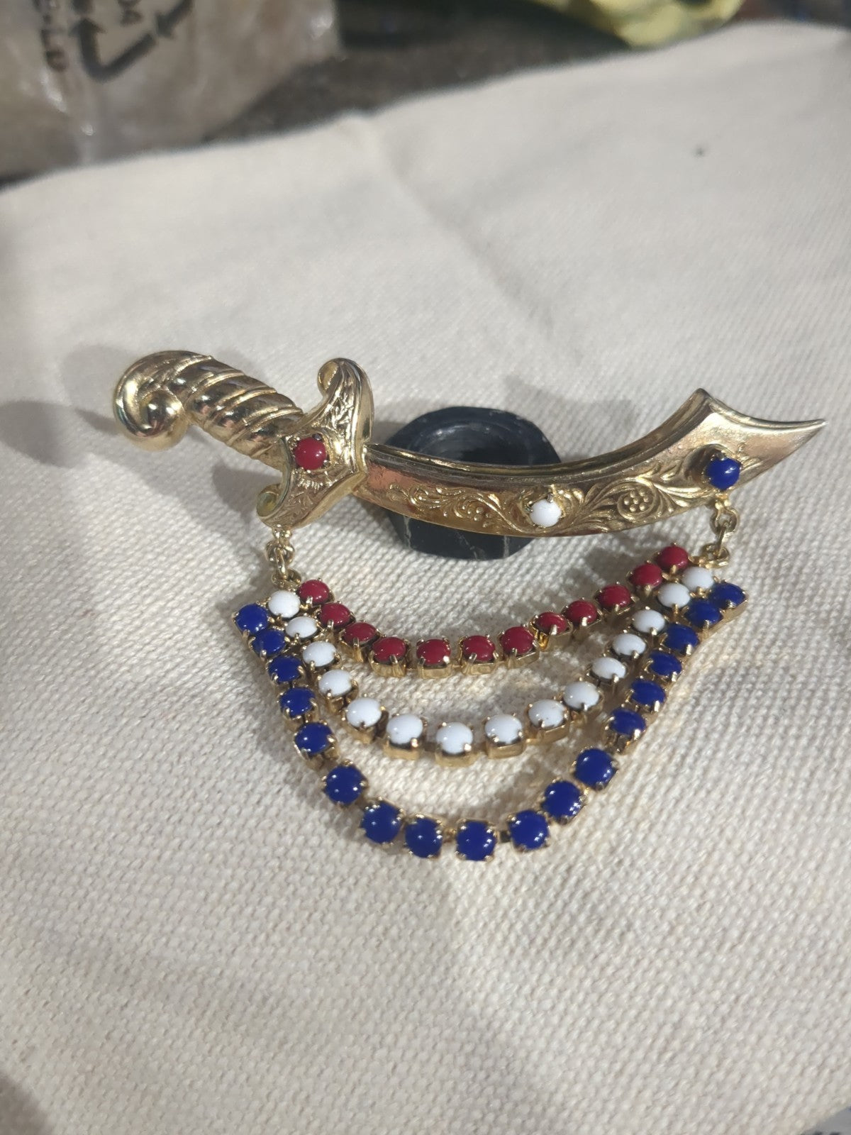 Vtg Brooch Pin Pirate Sword Glass Cabochon Swag Patriotic Red White Blue Jewelry