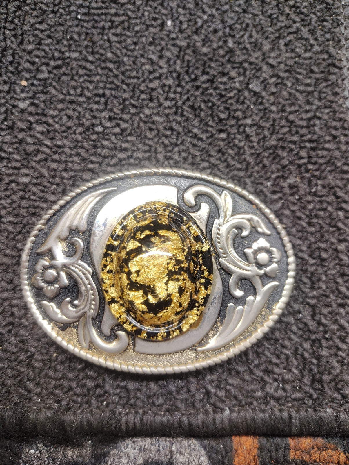 Vintage Western Belt Buckle Silver Tone Gold Nugget Cabochon Oval