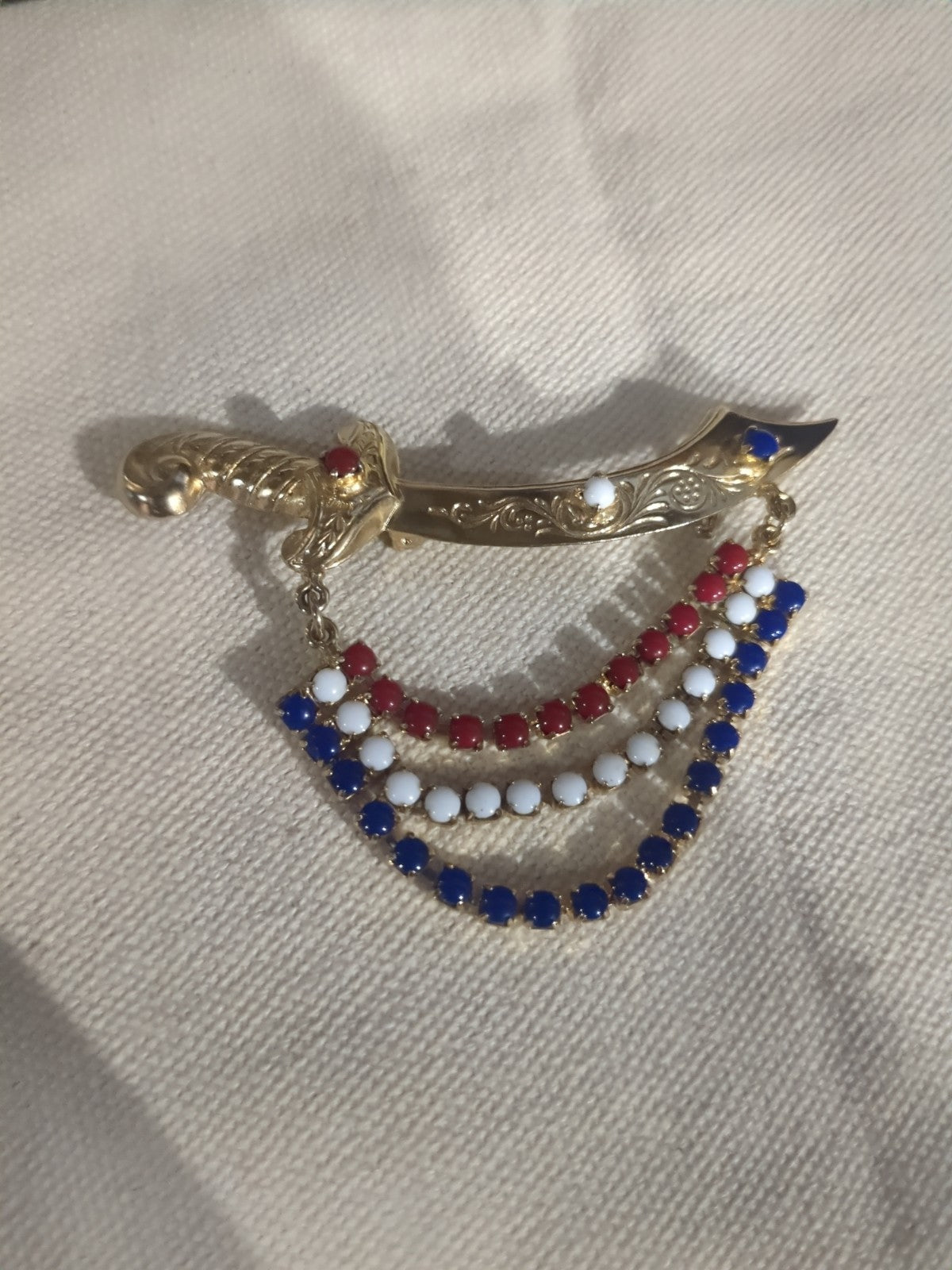 Vtg Brooch Pin Pirate Sword Glass Cabochon Swag Patriotic Red White Blue Jewelry