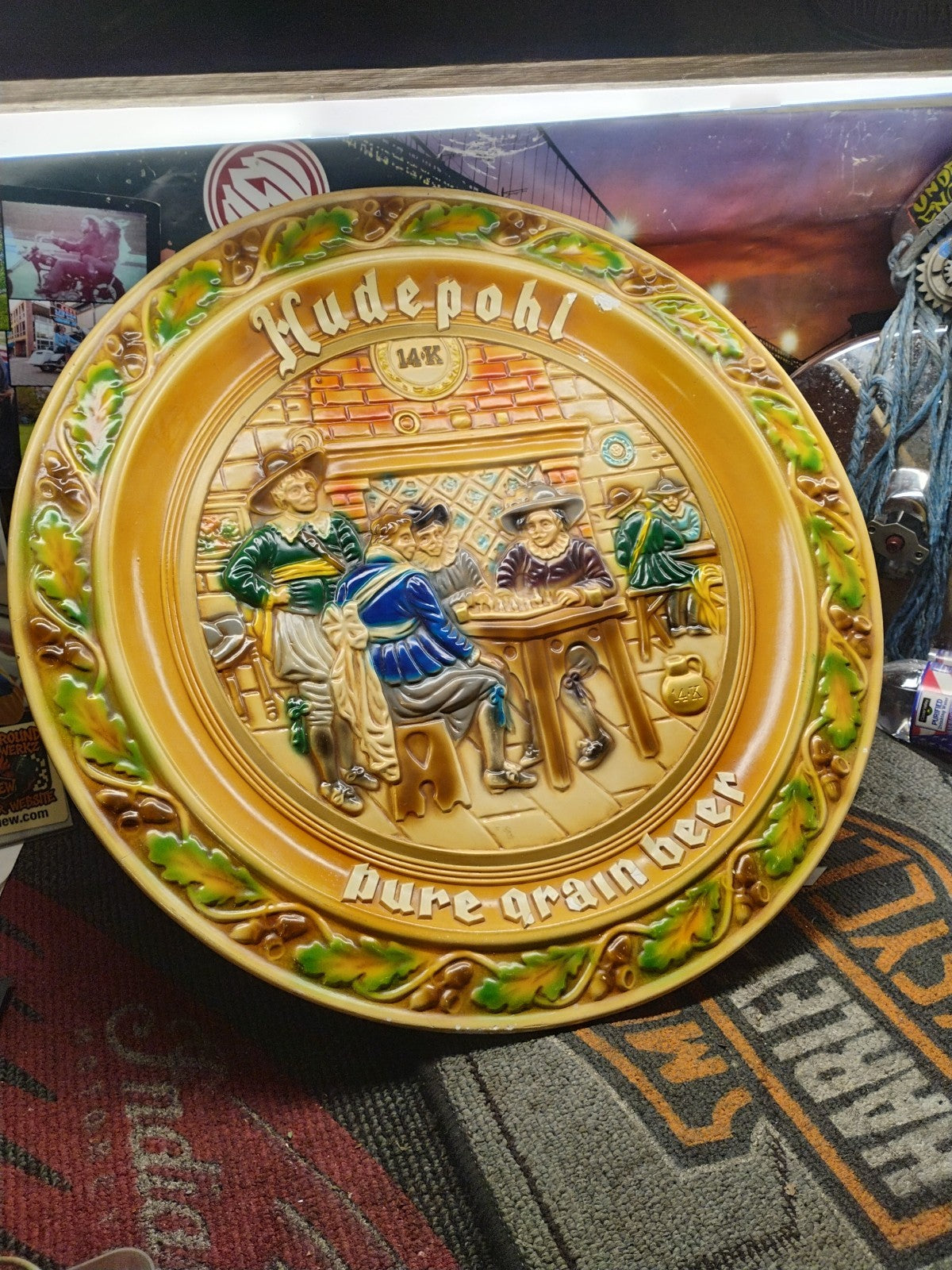 Vintage 21” Hudepohl Pure Grain Beer Chalkware Sign