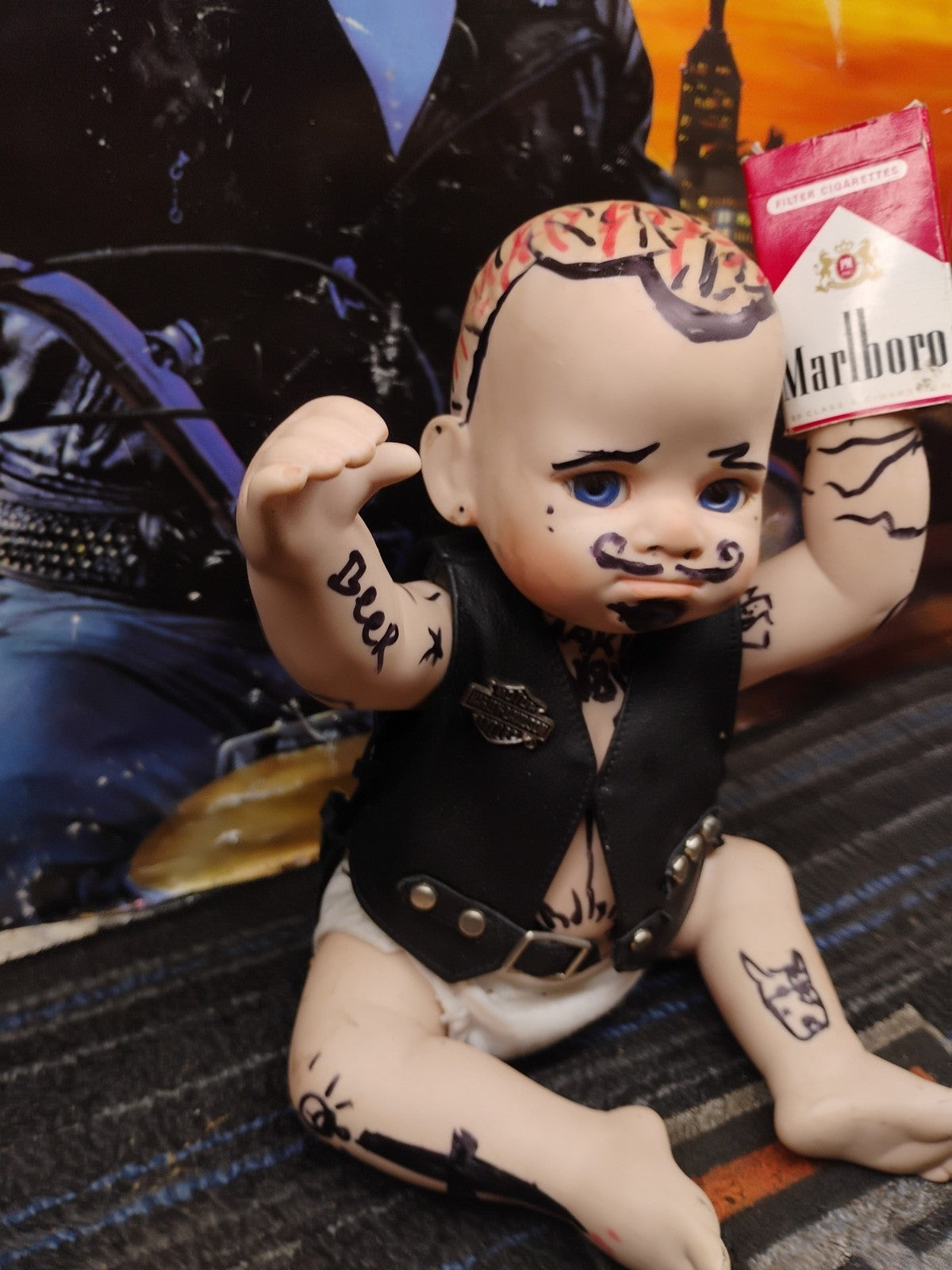 Harley Davidson Jarvis Porcelain Doll "Bobby" With Life like Tattoos And Smokes