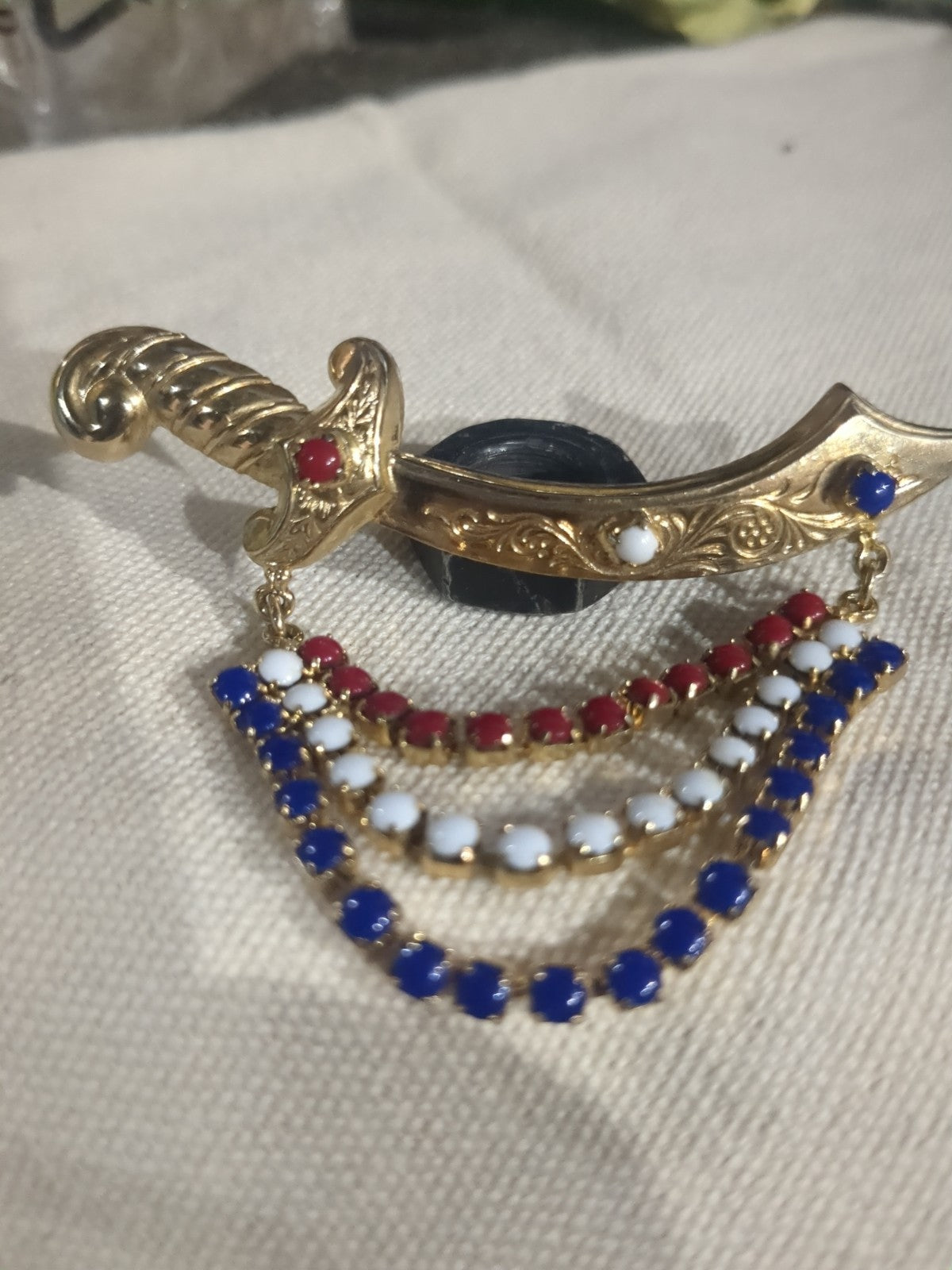 Vtg Brooch Pin Pirate Sword Glass Cabochon Swag Patriotic Red White Blue Jewelry