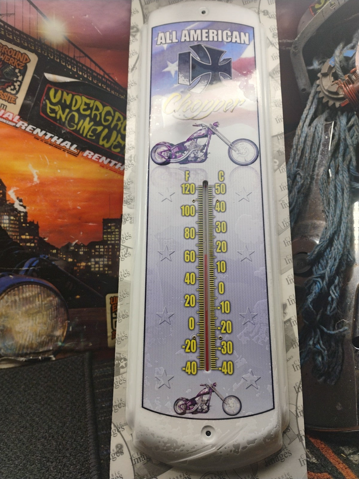 17" All American Chopper Motorcycle Iron Cross Thermometer NEW IN PACKAGE 