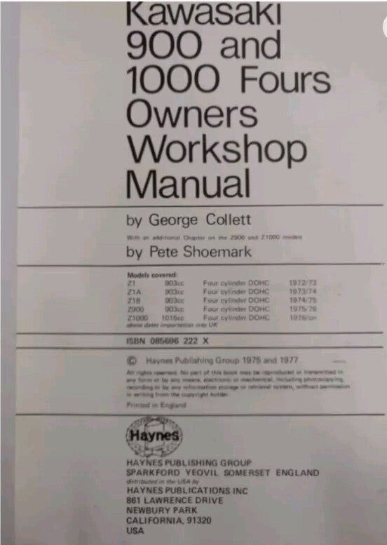 HAYNES KAWASAKI 1000 & 900 Fours Owners Workshop Manual 1972 On #222
