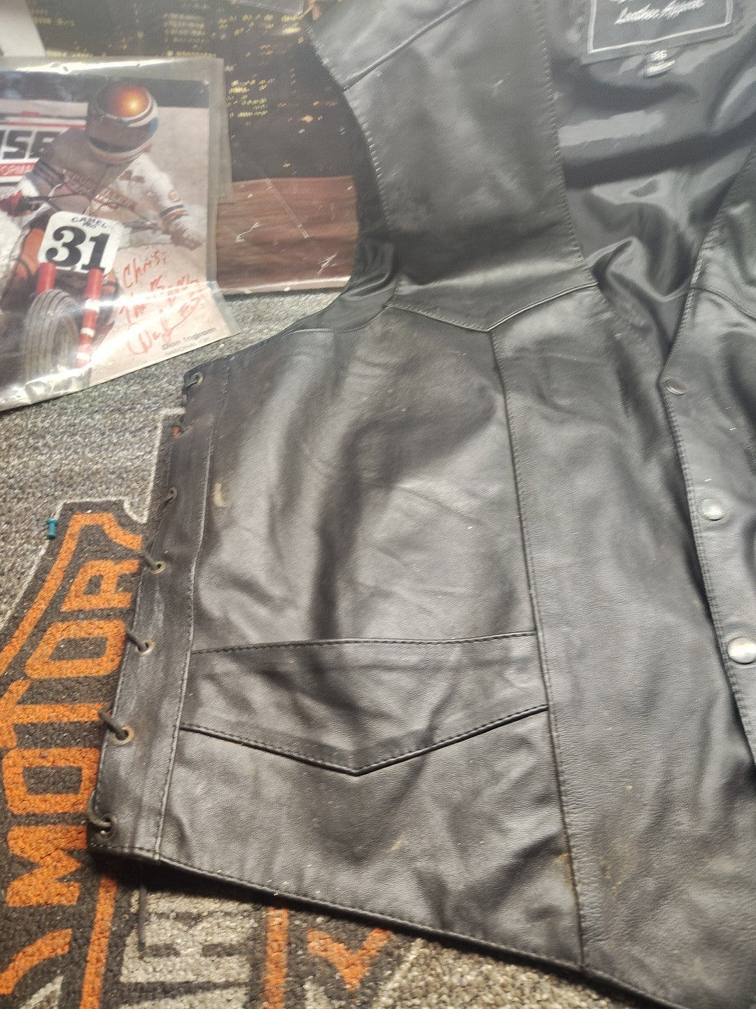 Old$ Genuine Leather Black Front Snap W/ Side Lace Up Motorcycle Vest Men's 56