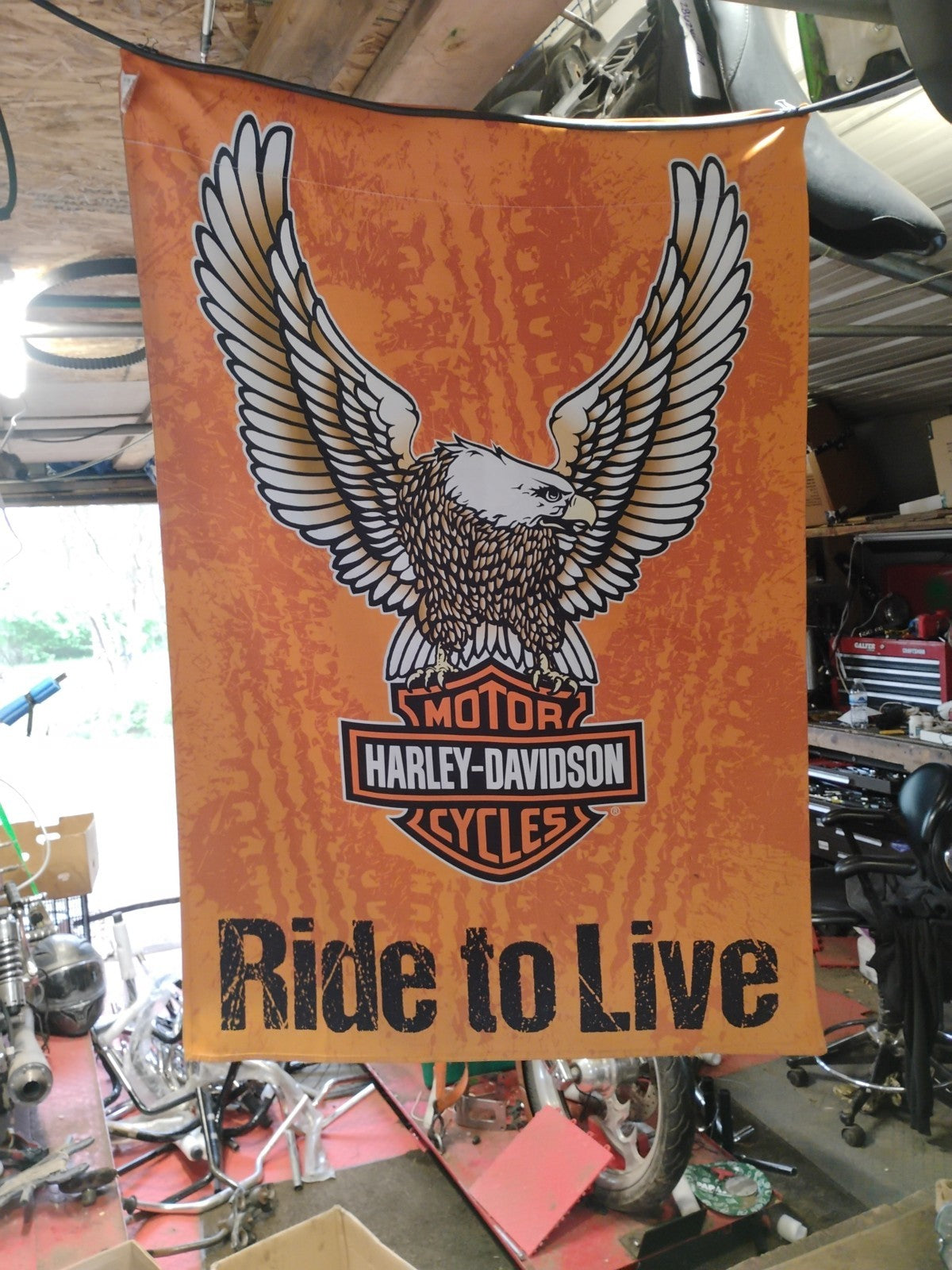 Harley Davidson Double Side Eagle Live To Ride/ Ride To Live Flag Orange Black