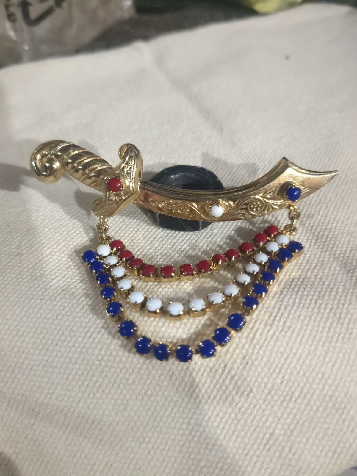 Vtg Brooch Pin Pirate Sword Glass Cabochon Swag Patriotic Red White Blue Jewelry