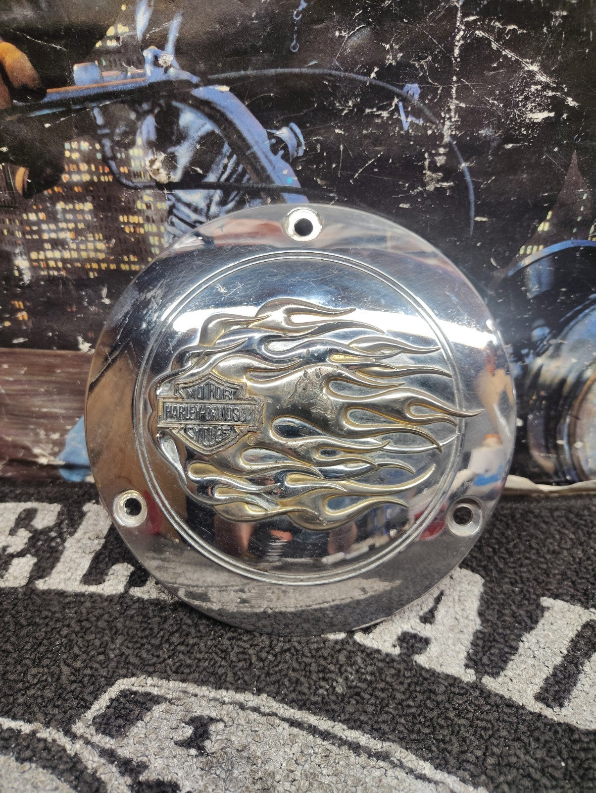 Custom Chrome Derby Cover Flames Harley-Davidson Big Twin FLH FLT FX 1965-1998