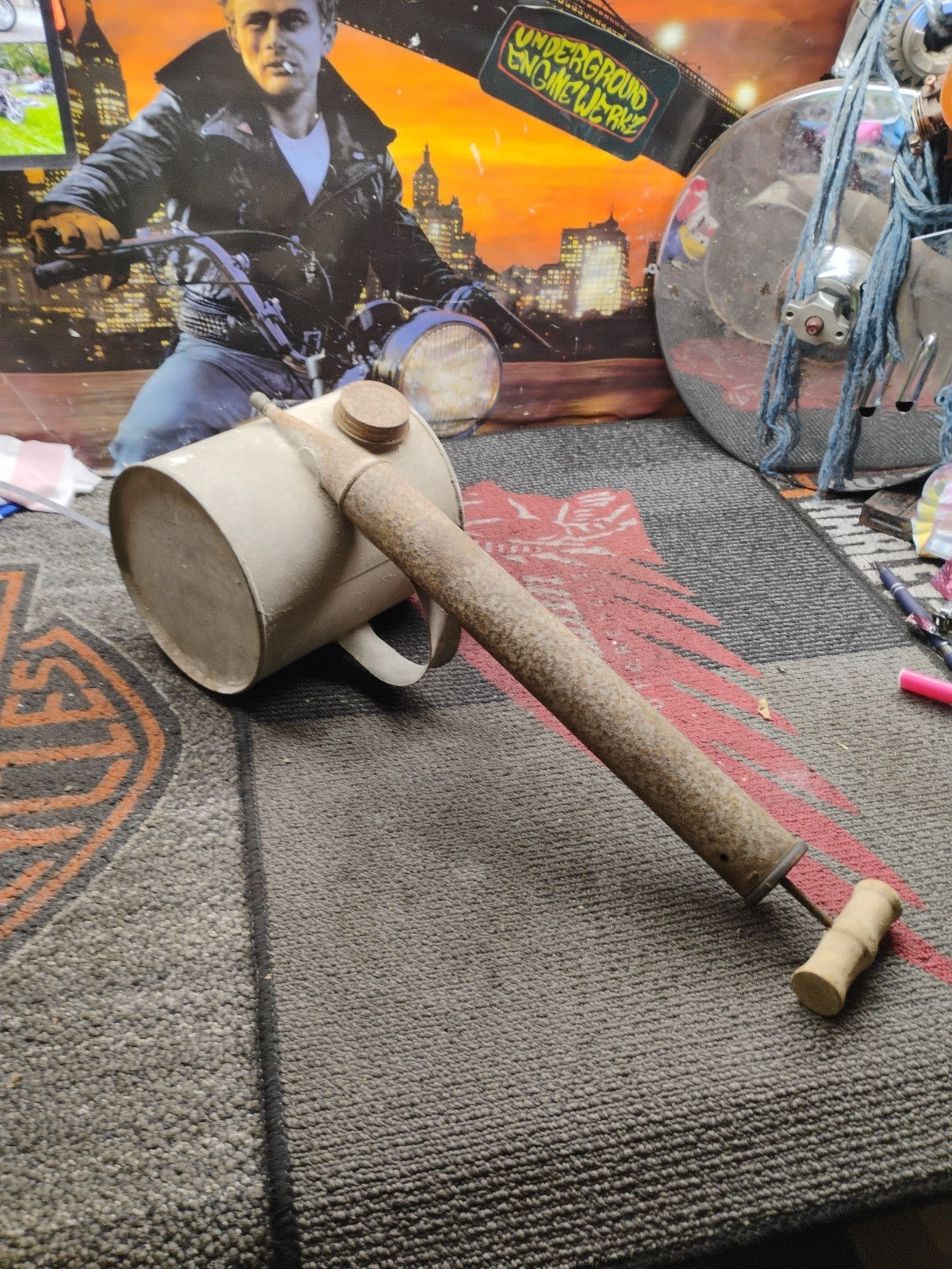 Vintage Antique Drum Pesticide Sprayer Rusty Tube W/Wood handle Primitive