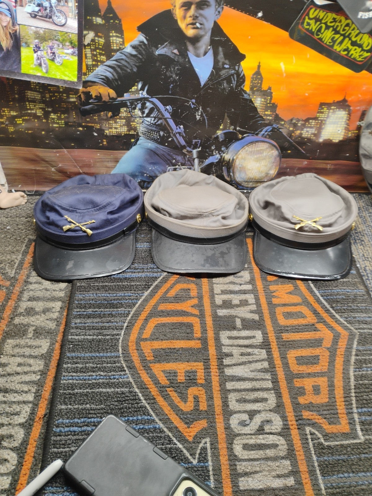 3 Vintage Civil War Replica Hats  Kepi Hat Gray/ Blue Cross Musket Hardware
