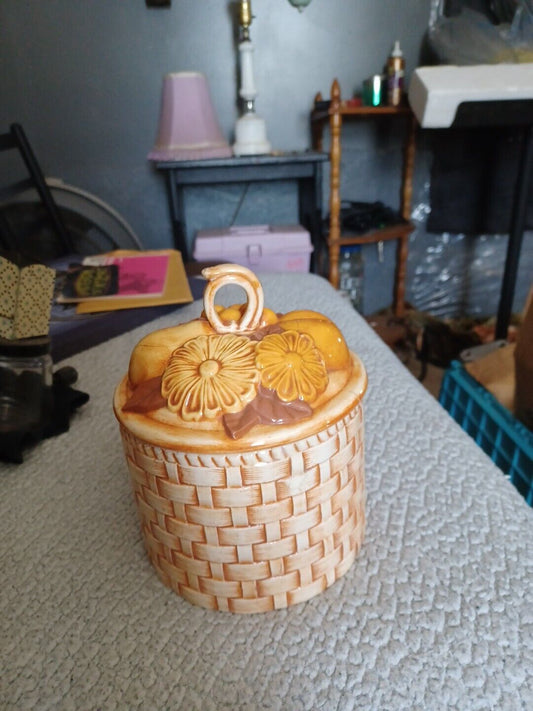Vintage Hand Painted Ceramic Canister Fruit And Flower Lid Basket Weave, 6" 70’s