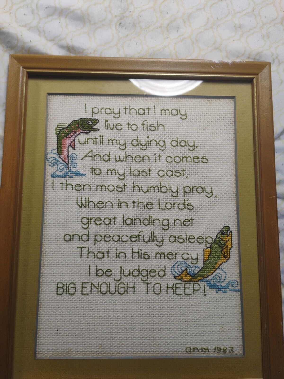 Framed"Fisherman's Prayer" Embroidered Picture Handmade 12-1/2" X 10-3/4" 