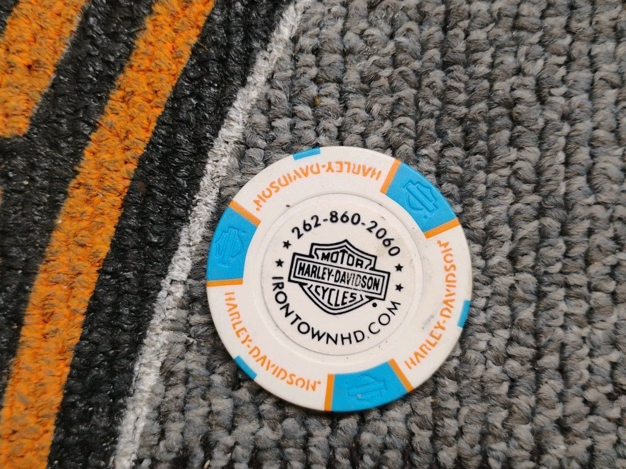 IRON TOWN HD ~ WISCONSIN (White/Blue/Orange) Harley Davidson Poker Chip (CLOSED)