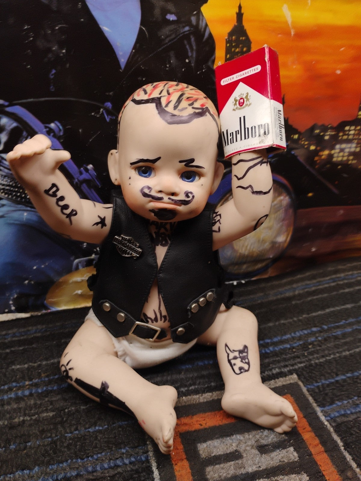 Harley Davidson Jarvis Porcelain Doll "Bobby" With Life like Tattoos And Smokes