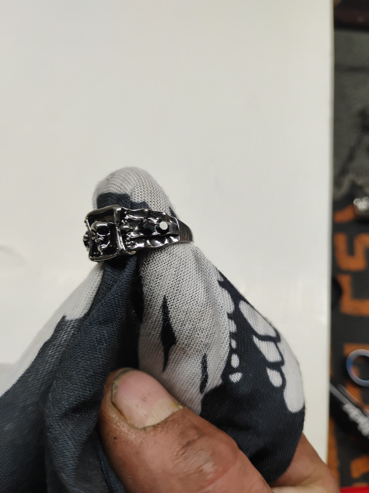 Black stones skull silver tone rings size 9 size punk Gothic biker