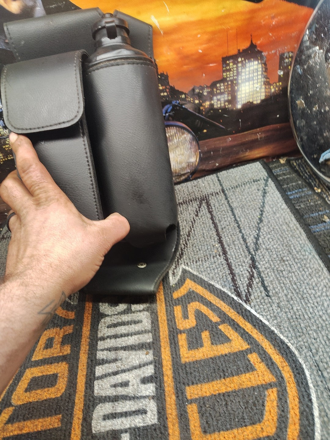 Harley nice OEM left saddlebag guard rail storage case water bottle holder