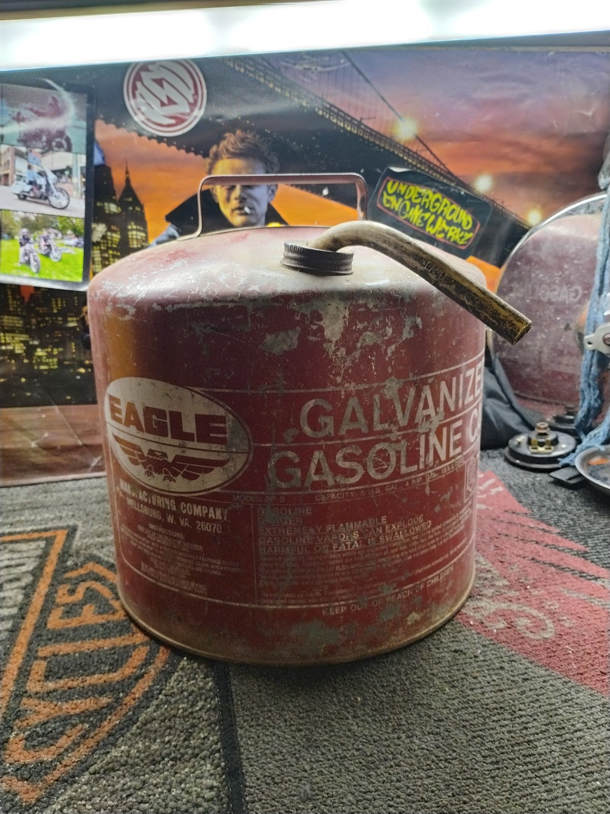 Vtg Eagle Galvonized Gasoline Can 5 Gallon Model SP 5 Red Metal With Spout 