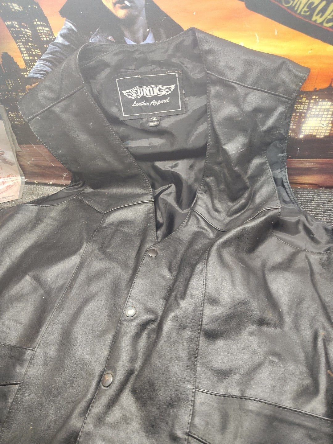 Old$ Genuine Leather Black Front Snap W/ Side Lace Up Motorcycle Vest Men's 56