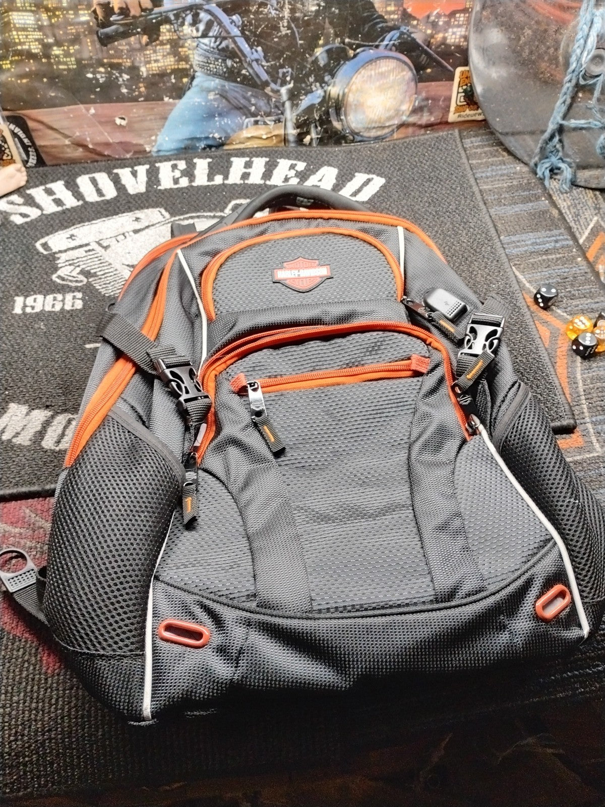 Harley-Davidson Backpack Gray Black Orange Bar & Shield Travel Laptop Motorcycle