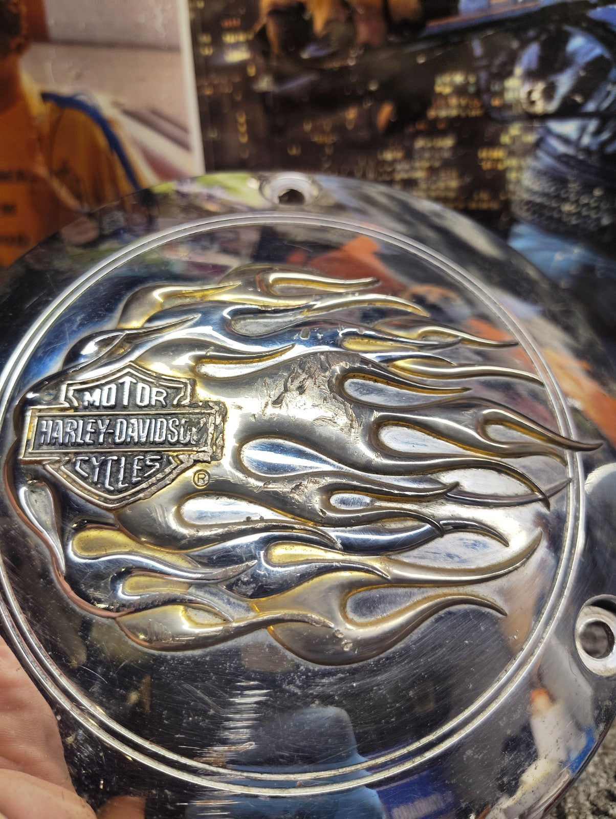Custom Chrome Derby Cover Flames Harley-Davidson Big Twin FLH FLT FX 1965-1998