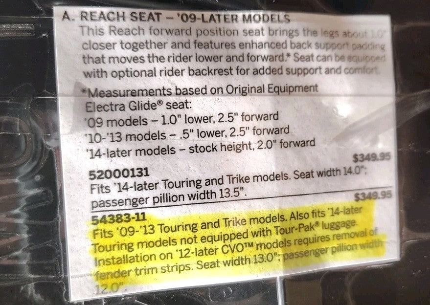 Harley-Davidson Reach Seat 09 And Later 543-8311 Touring Trike Cvo Demo Seat