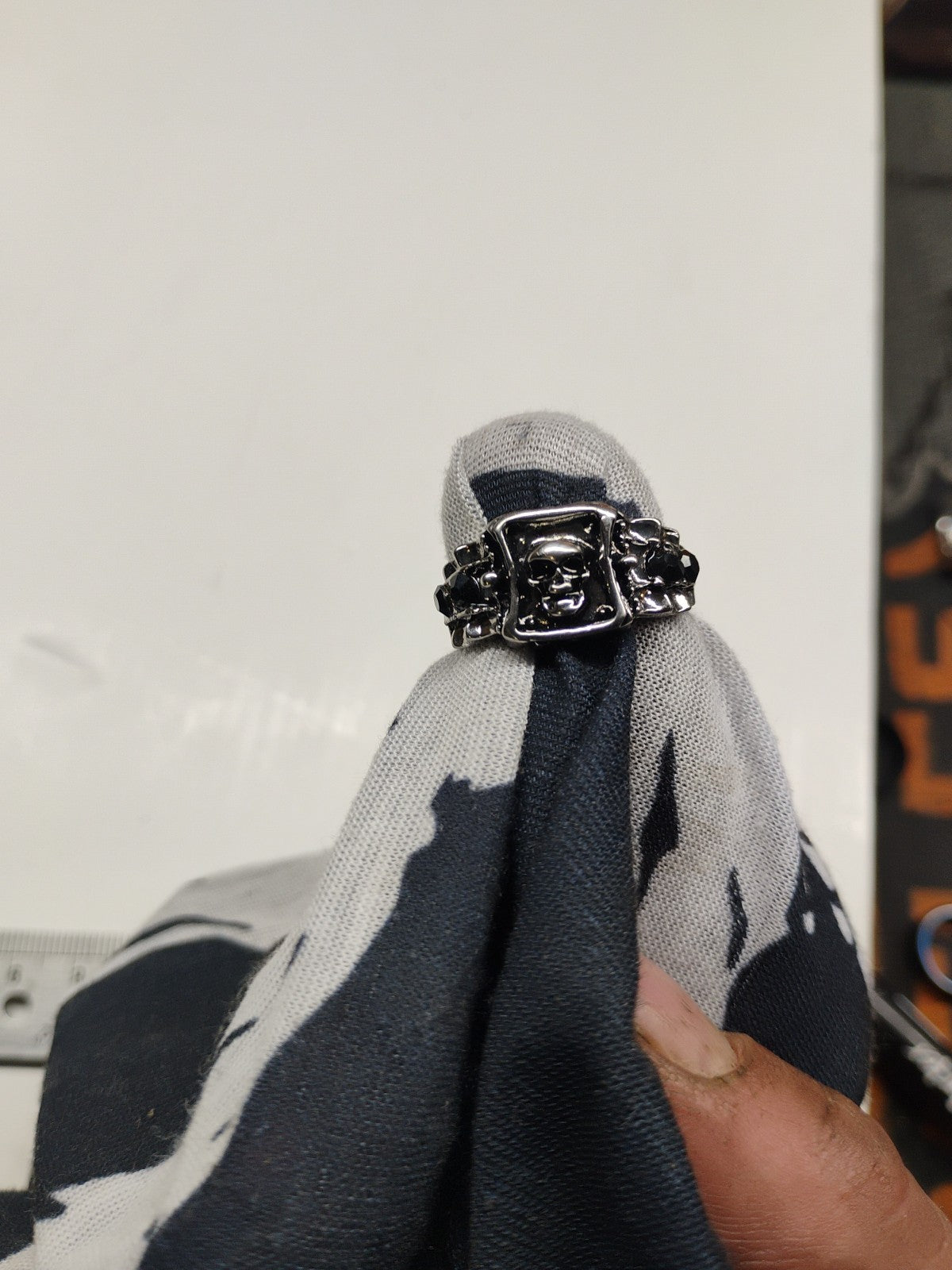 Black stones skull silver tone rings size 9 size punk Gothic biker