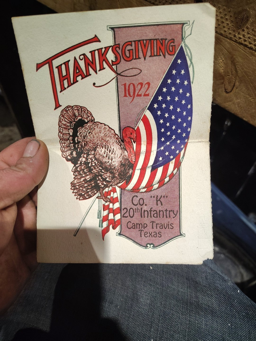 WWI 1920 Thanksgiving Menu Camp Travis Tx CoK 20th Imfant Color Flag Turkey Menu