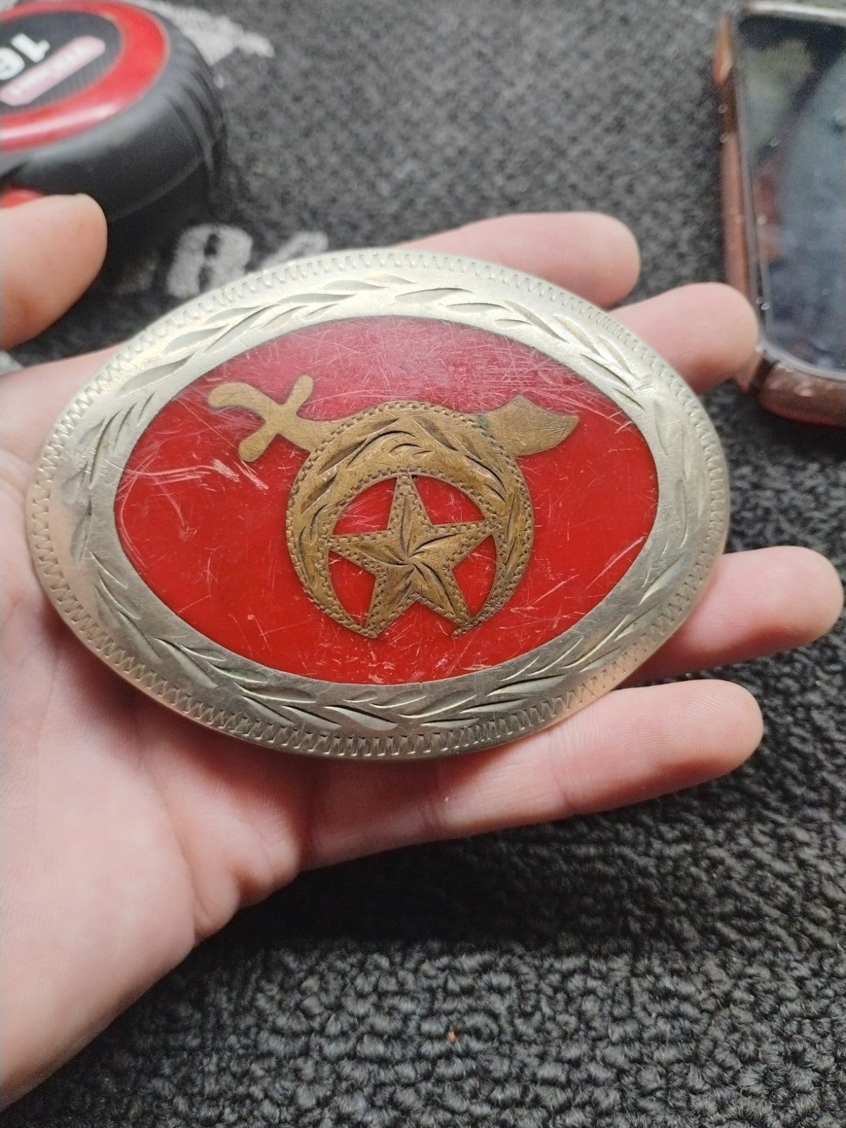 Vintage Shriners Masonic Western Belt Buckle Red Enamel Star Crescent