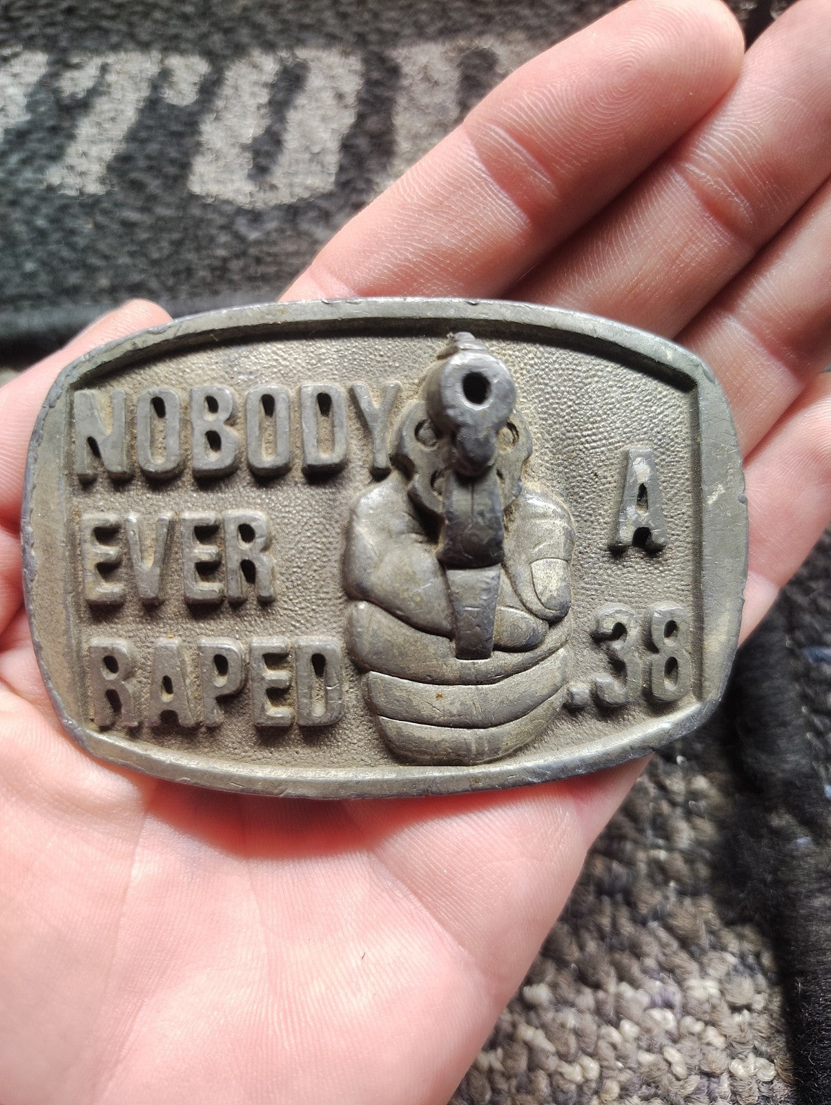 Vintage Indiana Metal Craft Revolver Gun Belt Buckle Nobody Ever Raped A .38