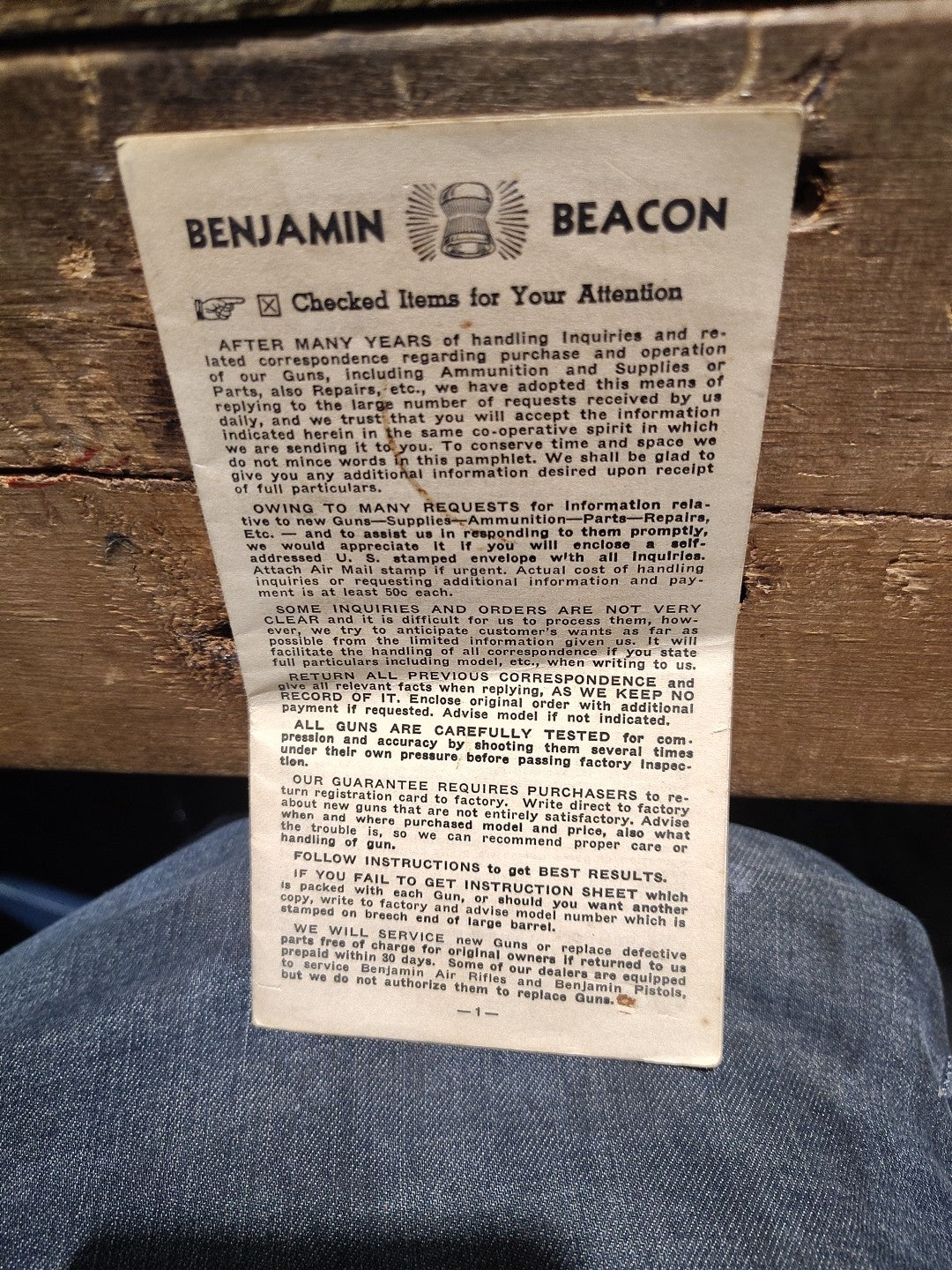 Vintage Rare Benjamin Beacon ownwers manual  paper work 