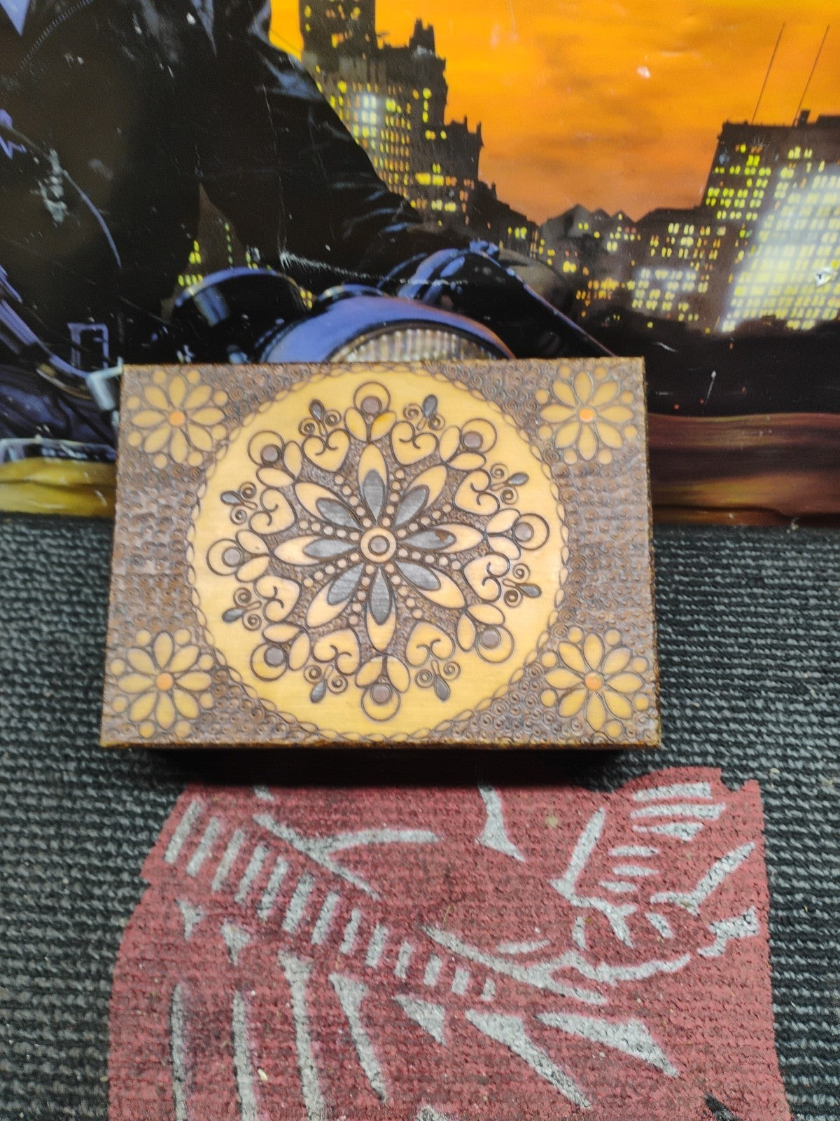Vintage Polish Pyrography Wood Burned Folk Art Box Hinged Lid- Medallion Pattern