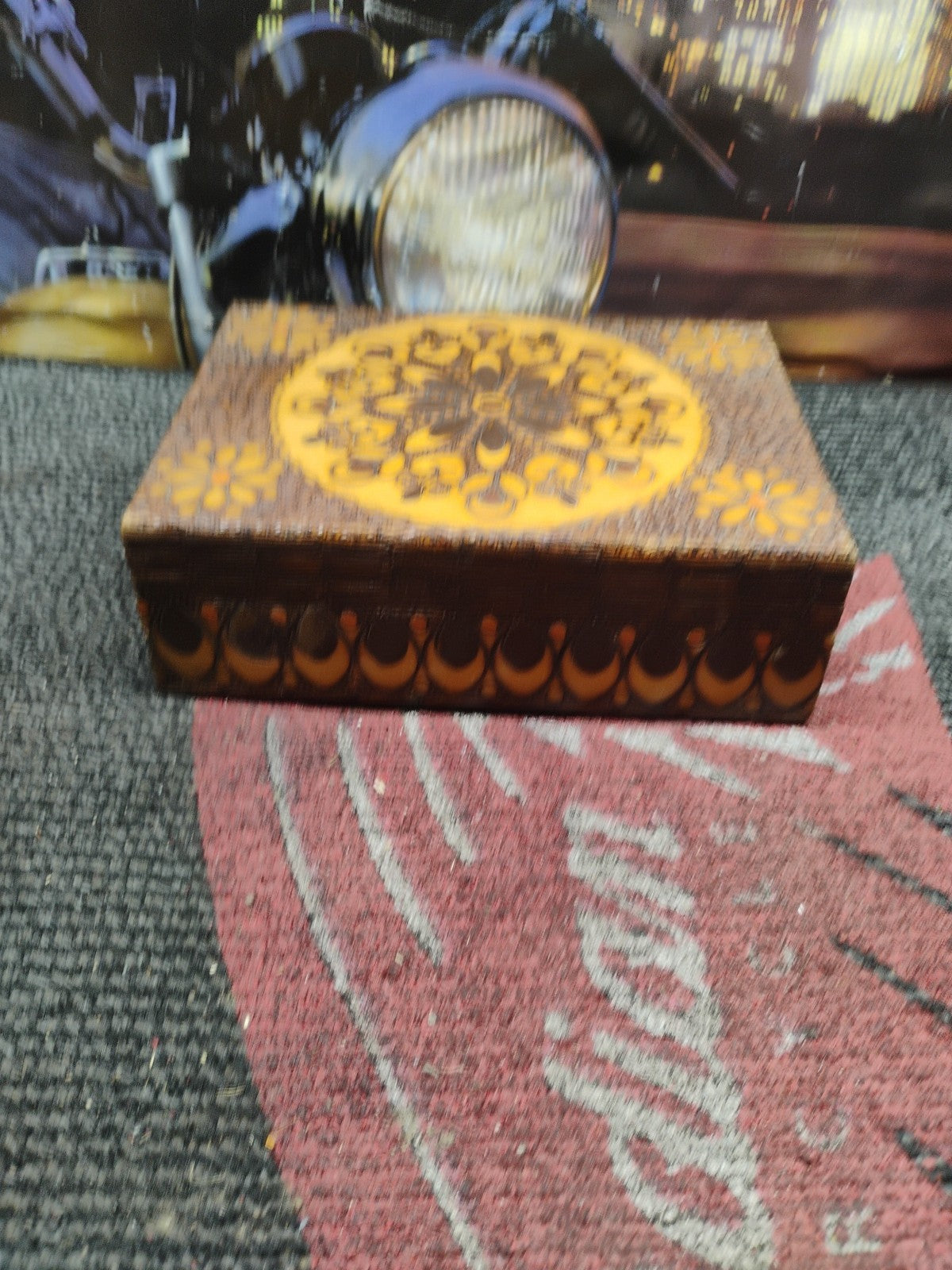 Vintage Polish Pyrography Wood Burned Folk Art Box Hinged Lid- Medallion Pattern