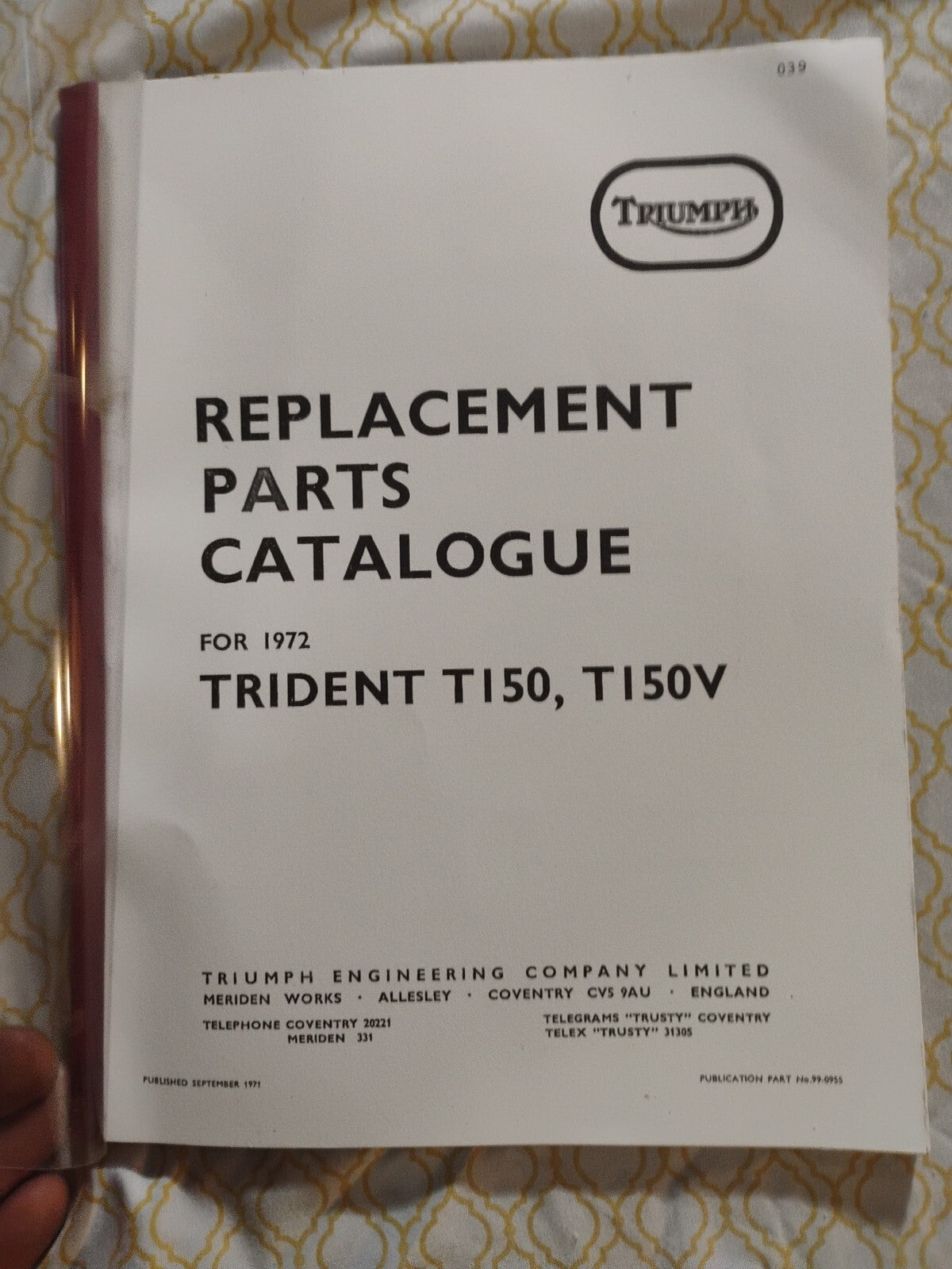 Triumph Parts Manual Book 1972 Trident T150 & Trident T150V