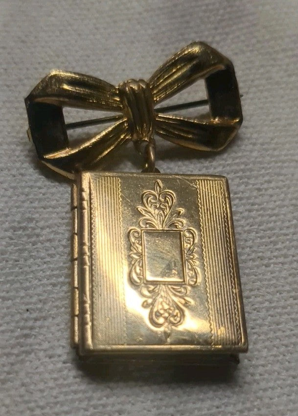 Vintage Sweetheart Photo Picture Locket Dangle Bow Brooch Pin 1.75'' Mourning