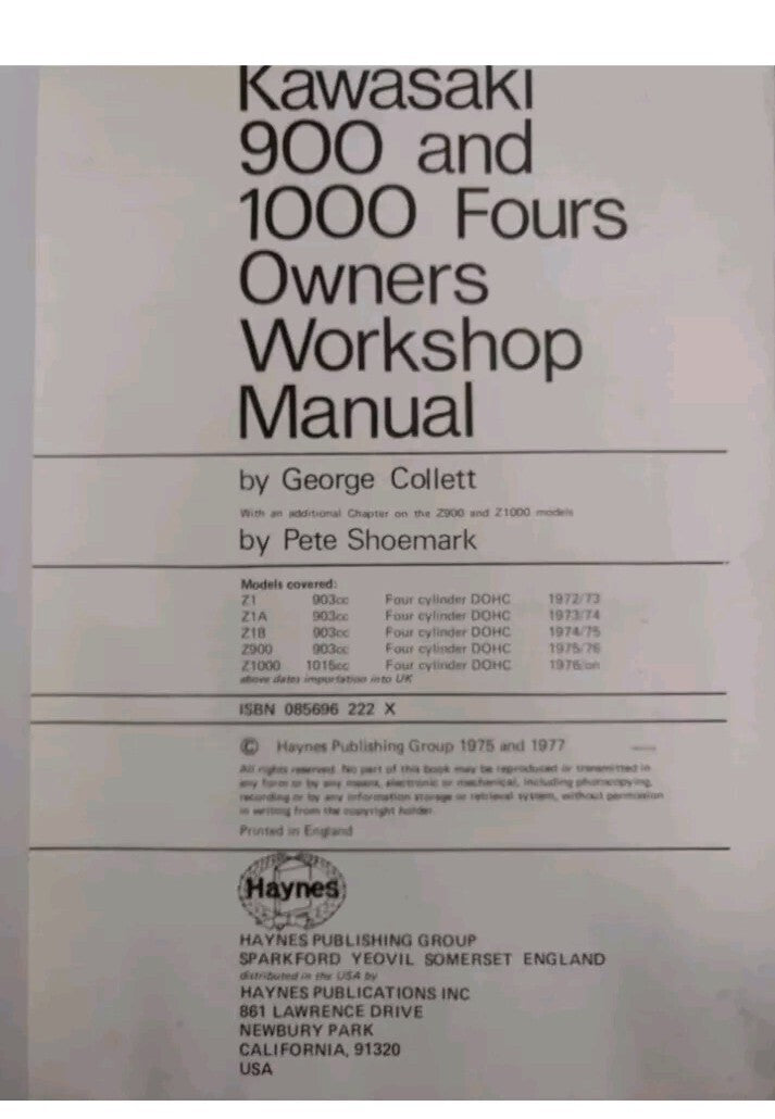 HAYNES KAWASAKI 1000 & 900 Fours Owners Workshop Manual 1972 On #222
