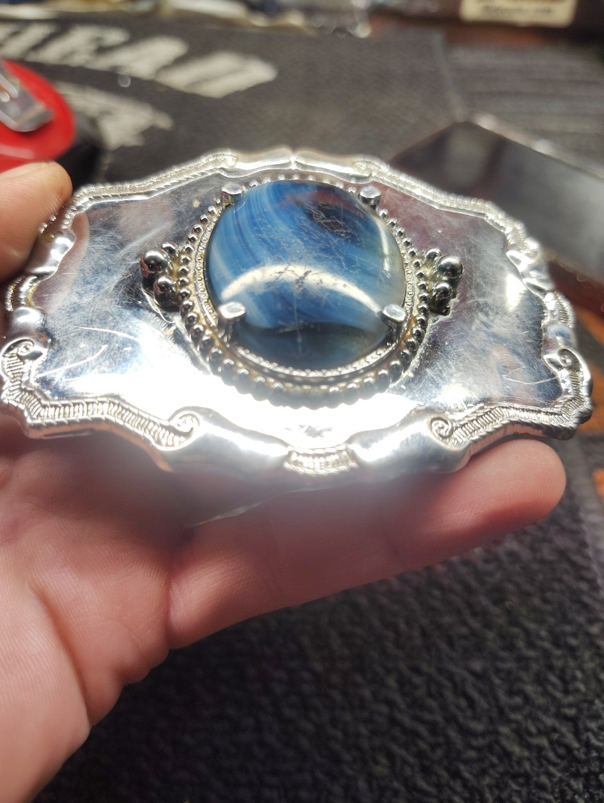 Vintage Western Style Belt Buckle Silver Tone Blue Cabochon Stone