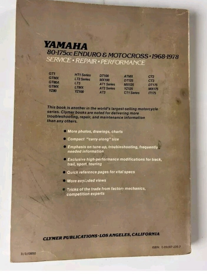 Clymer Yamaha 80-175cc Enduro Motocross 1968 to 1978 Service Repair Manual