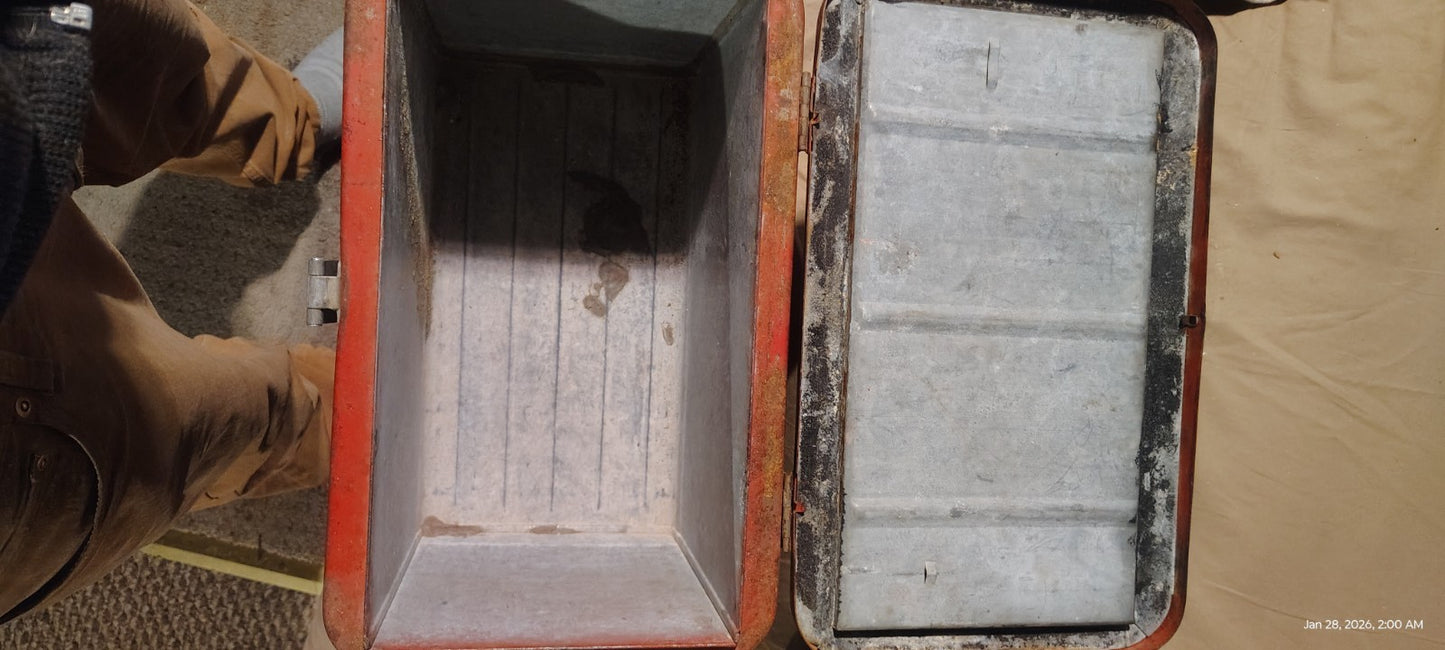 1950s JC Higgins Red Metal Ice Chest Cooler Vintage Sears Picnic / Bicycle Acces