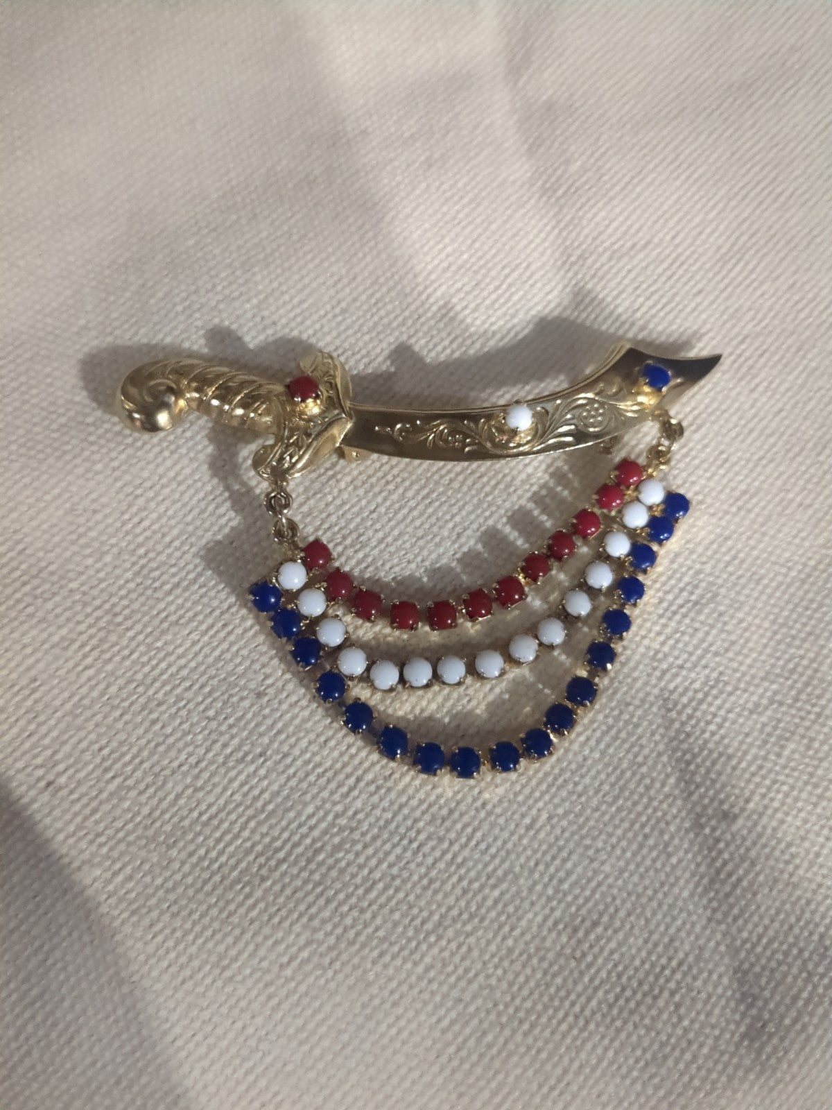 Vtg Brooch Pin Pirate Sword Glass Cabochon Swag Patriotic Red White Blue Jewelry