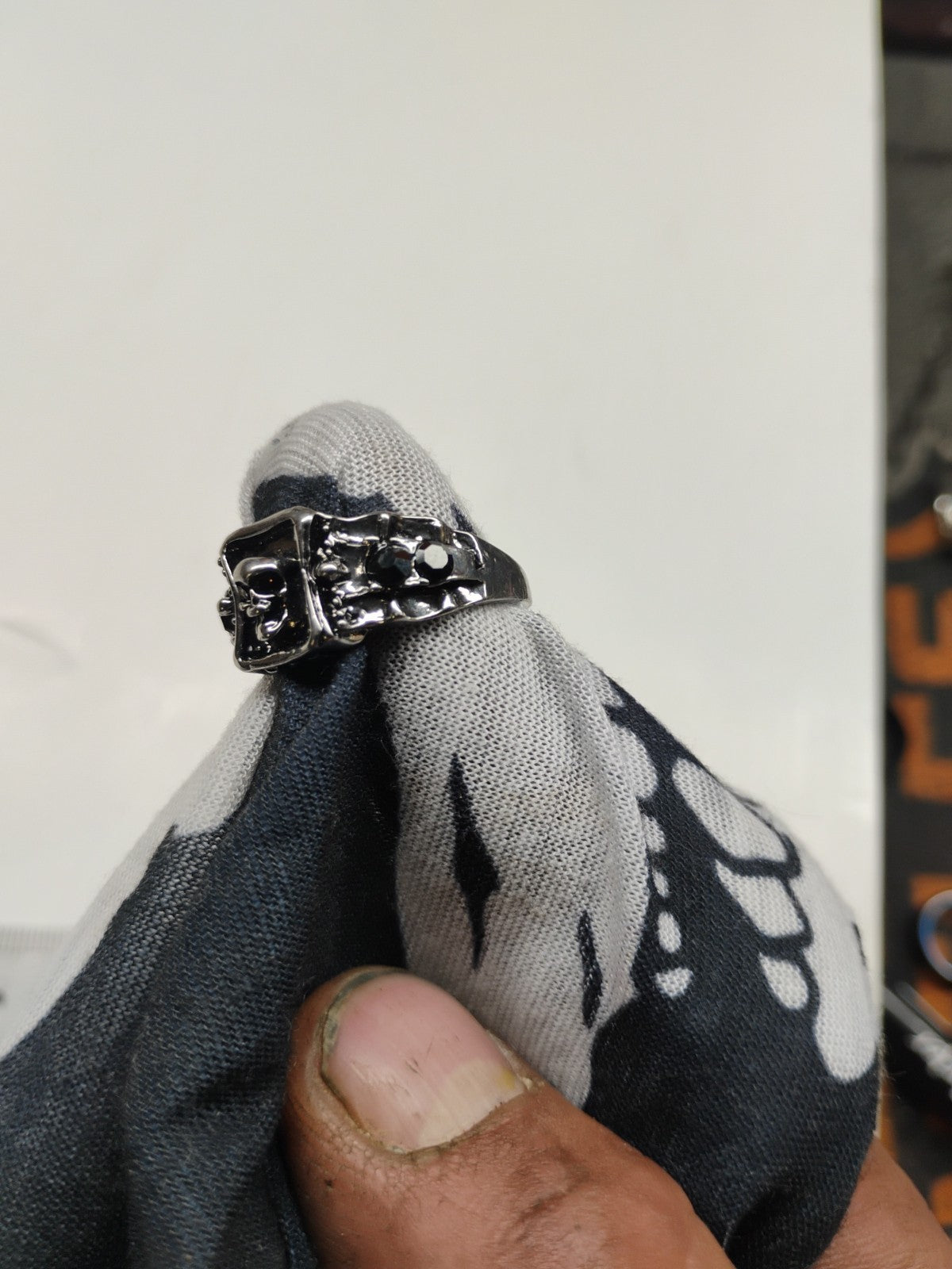 Black stones skull silver tone rings size 9 size punk Gothic biker