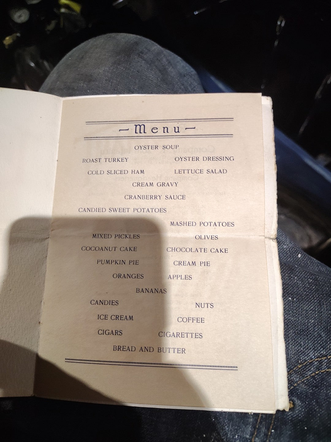 WWI 1920 Thanksgiving Menu Camp Travis Tx CoK 20th Imfant Color Flag Turkey Menu