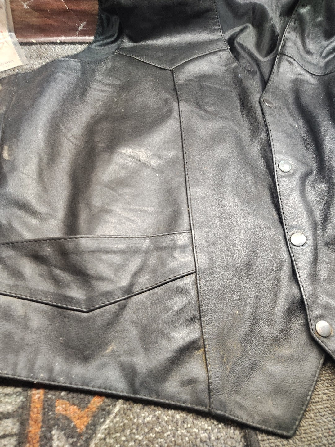 Old$ Genuine Leather Black Front Snap W/ Side Lace Up Motorcycle Vest Men's 56