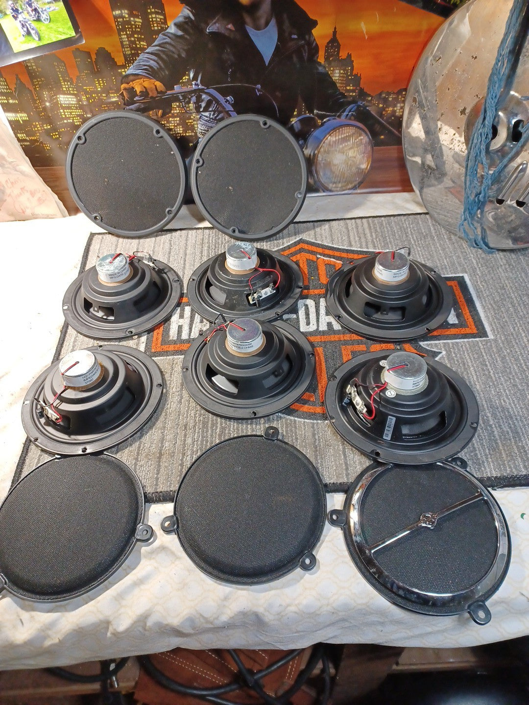 Lot Of 6 Used Harley-Davidson Speakers & Covers For Parts Might Work Not Tested 