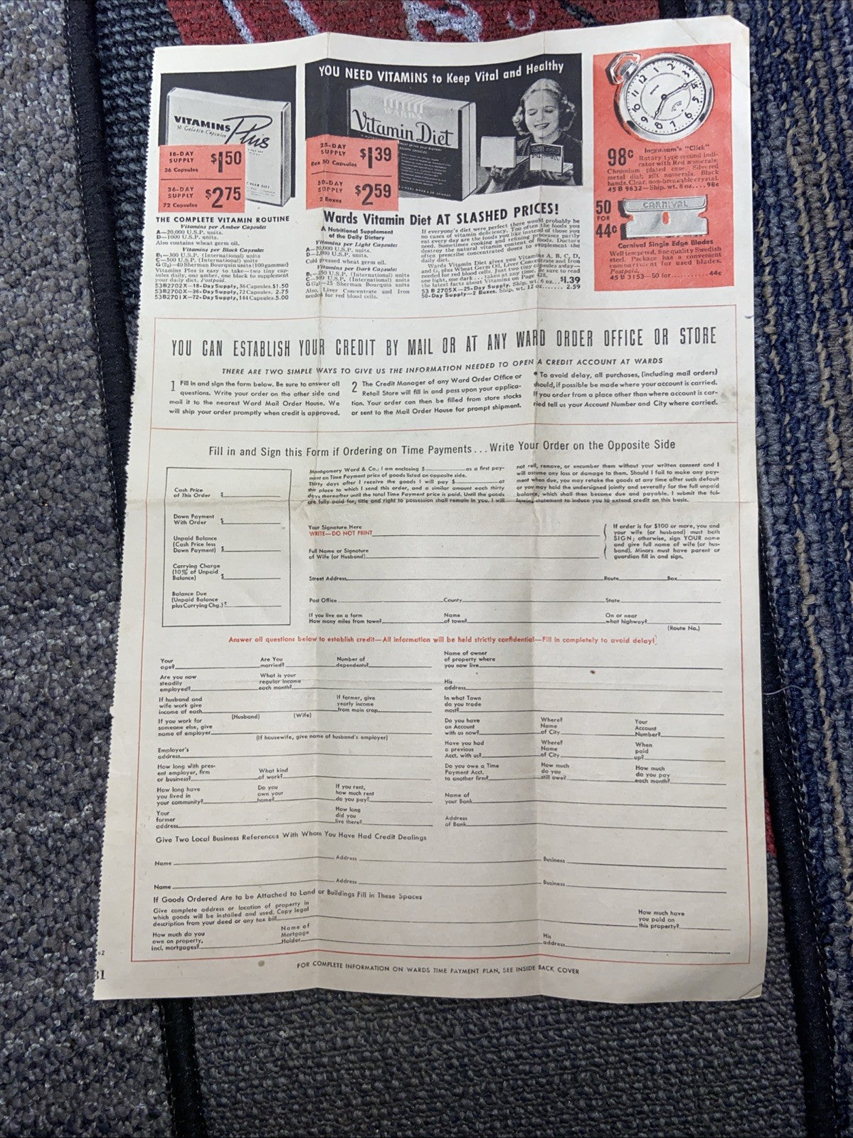 Vintage Montgomery Ward Order Form, Credit Application, Founder Info, Envelope