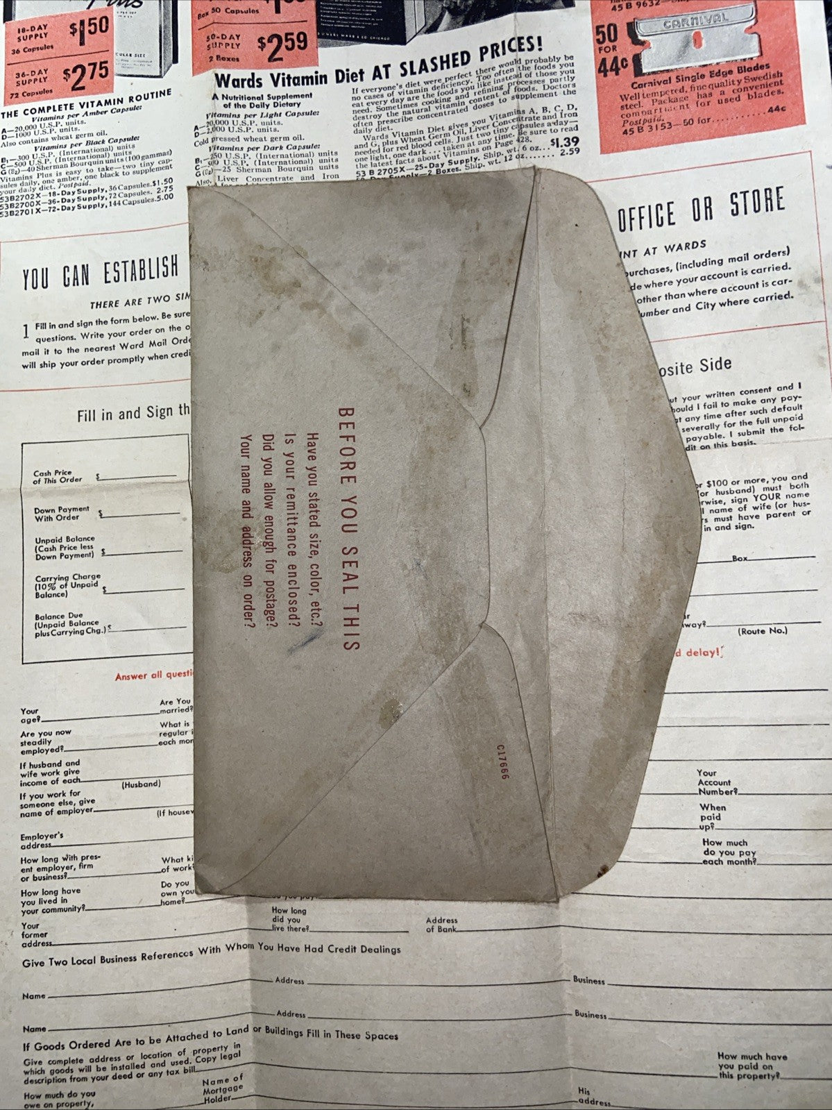 Vintage Montgomery Ward Order Form, Credit Application, Founder Info, Envelope