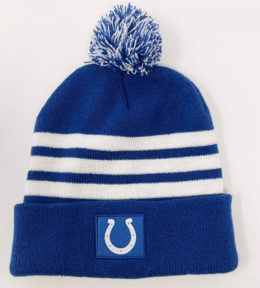 Indianapolis Colts Unisex Beanie Hat Blue White Striped Horseshoe Logo Pom Pom