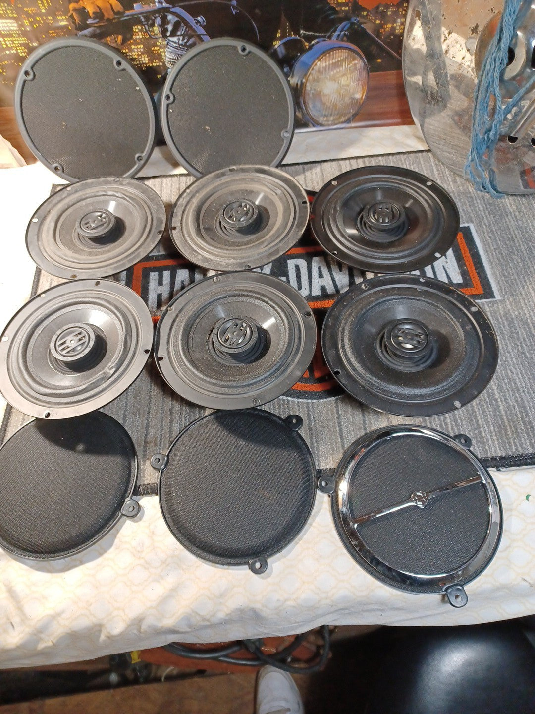 Lot Of 6 Used Harley-Davidson Speakers & Covers For Parts Might Work Not Tested 