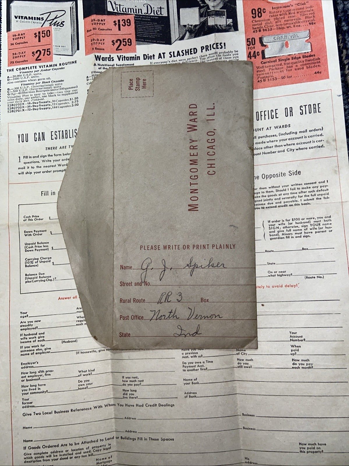 Vintage Montgomery Ward Order Form, Credit Application, Founder Info, Envelope
