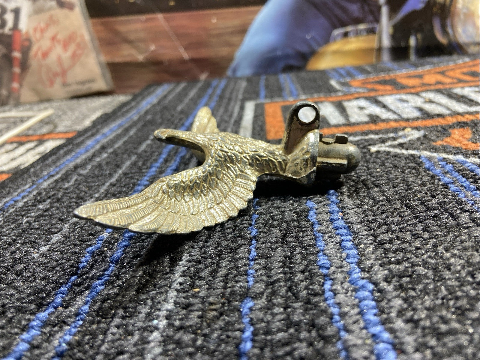 Vintage Gold/ Silver toned Metal Flag Eagle Top Ornament 5" wingspan 3" Long